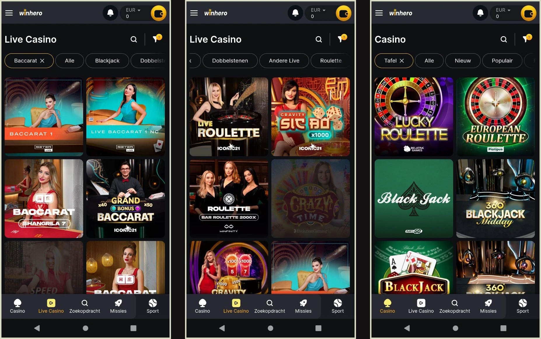 Tafelspellen en Live Casino ervaring bij WinHero