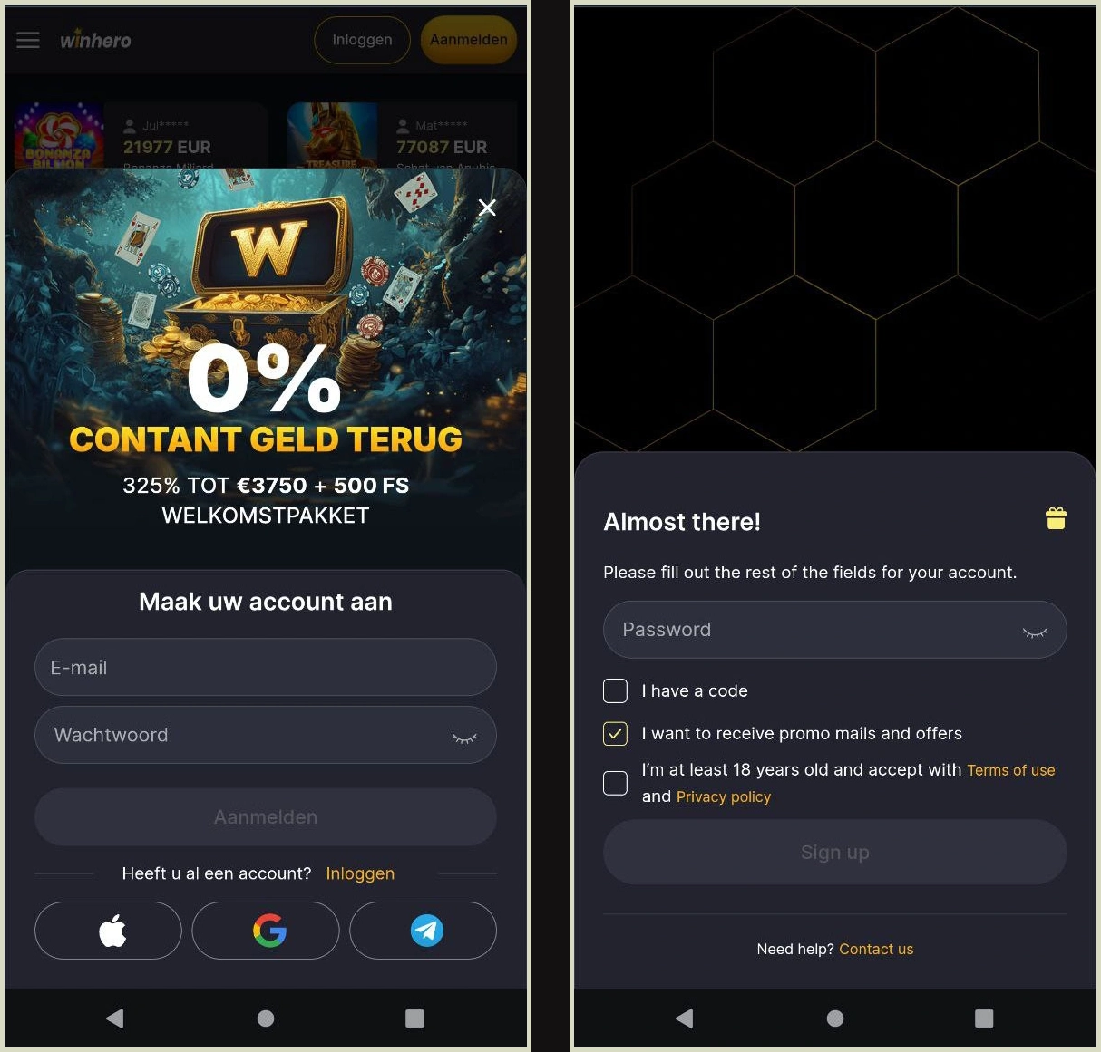 Functies en registratie op Winhero Casino